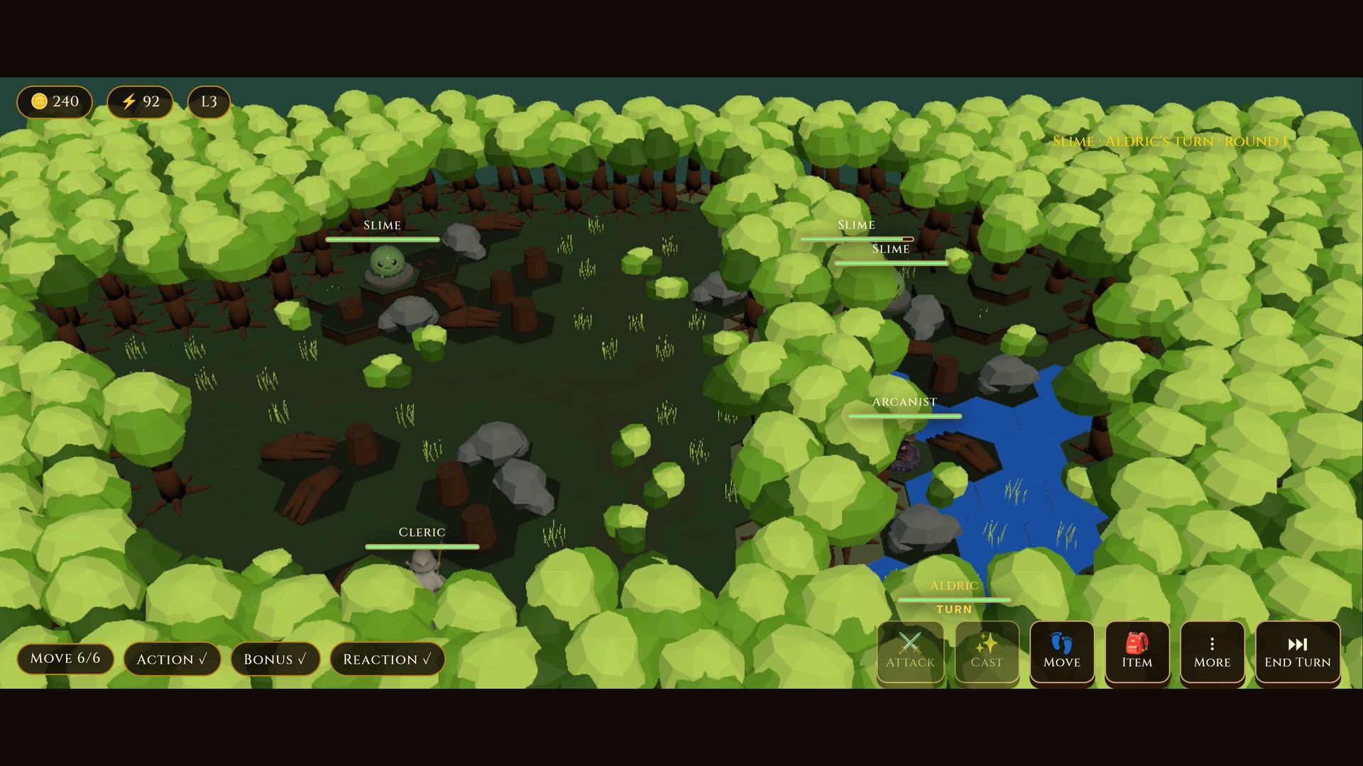 A Valor's Epoch forest fight on the hex table, with dice and figures